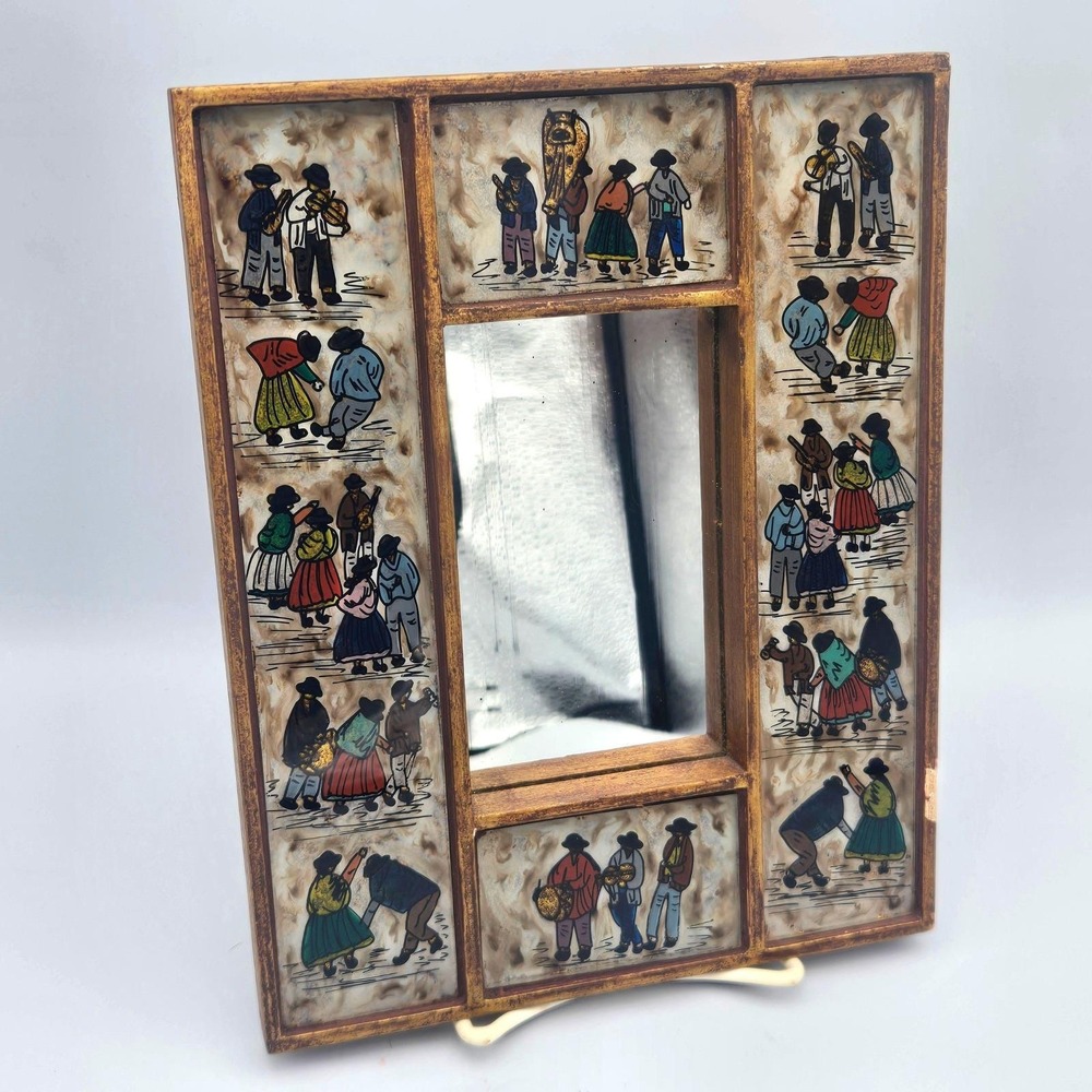 Vintage Peruvian Folk Art Reverse Painted Glass Mirror Wall Art Andean Life